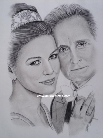 Desenho a lápis grafite de Caharine Zetajones e Michael Douglas