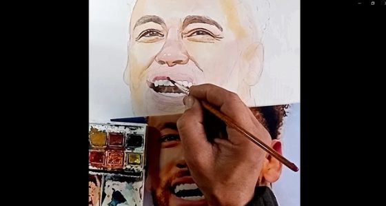 Neymar, pintura com aquarelas
