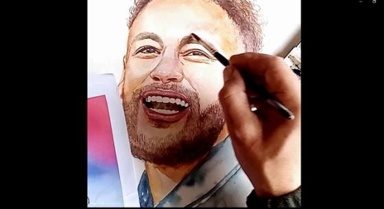 Neymar, pintura com aquarelas