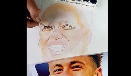 Neymar, pintura com aquarelas