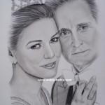 Desenho a lápis grafite de Caharine Zetajones e Michael Douglas