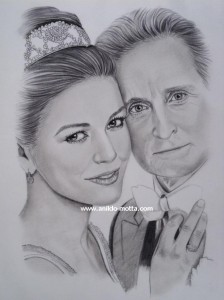 Desenho a lápis grafite de Caharine Zetajones e Michael Douglas