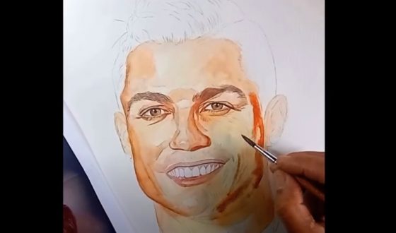 Pintura com aquarelas Cristiano Ronaldo